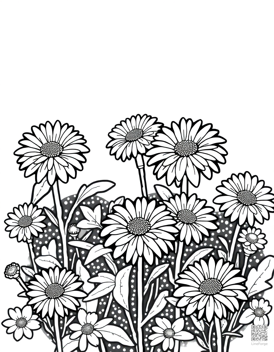 fall garden with chrysanthemums coloring page Stipple style - free printable