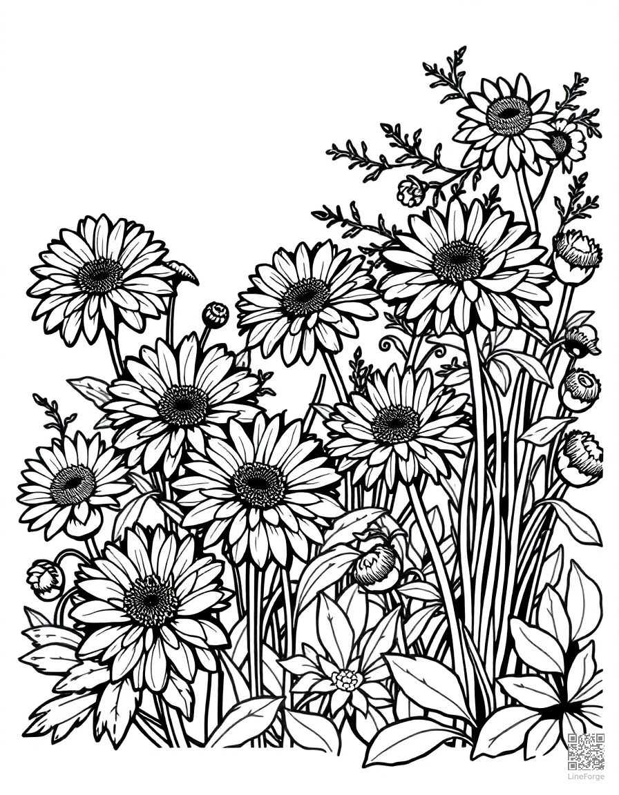 fall garden with chrysanthemums coloring page Woodcut style - free printable