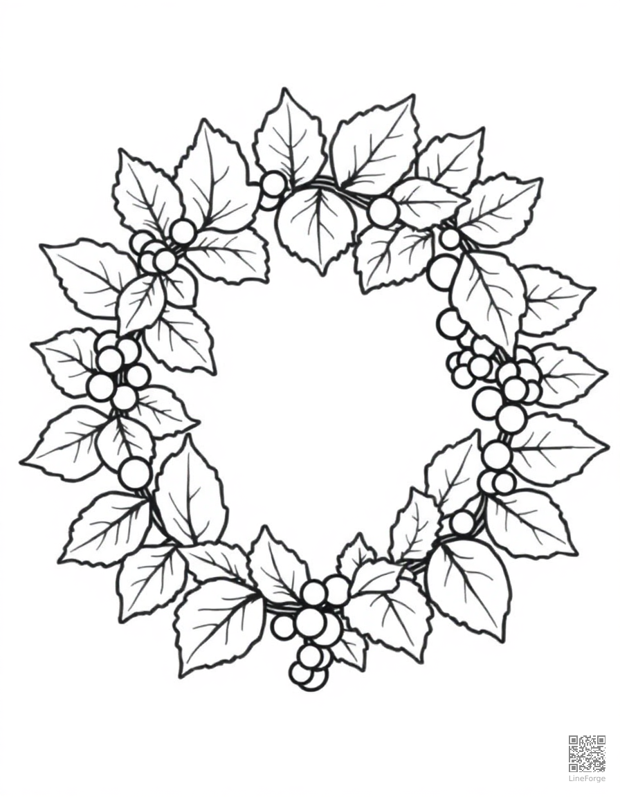 fall wreath made of leaves and berries coloring page Contour style - free printable