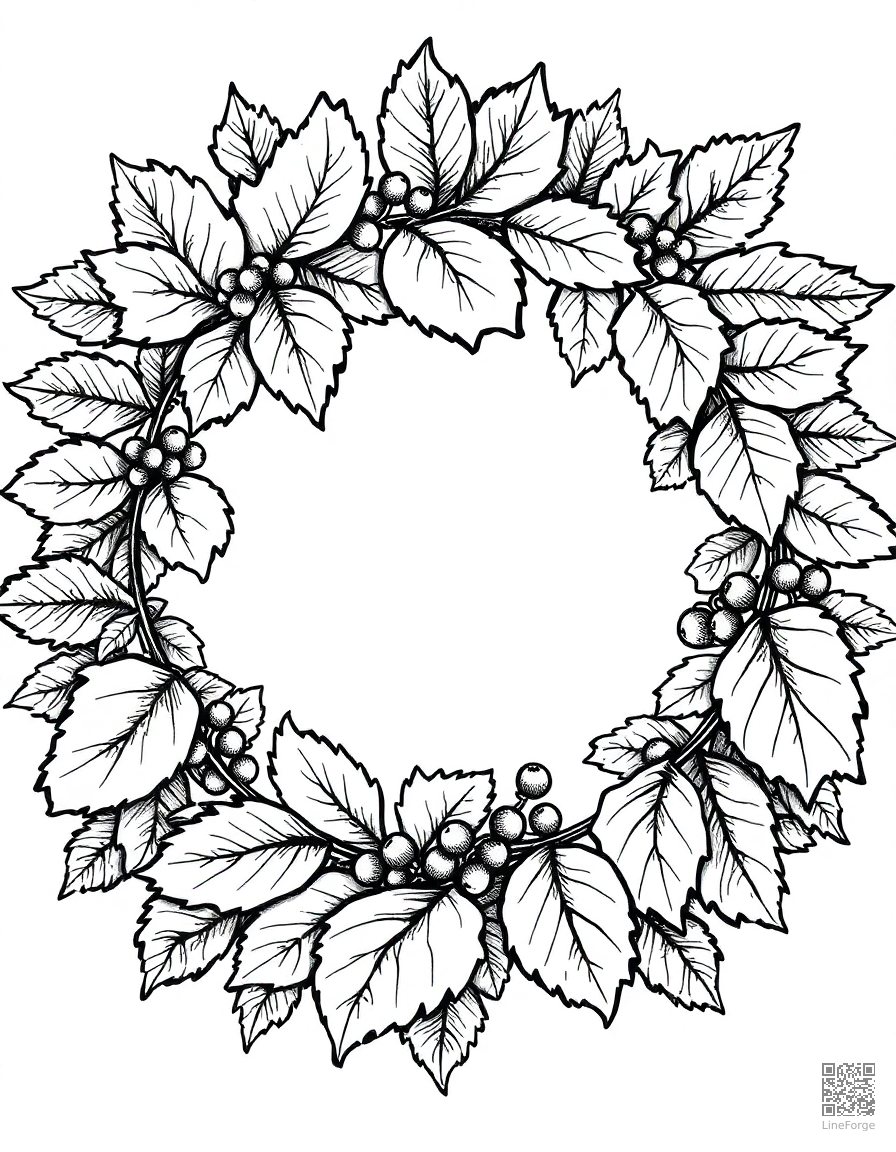 fall wreath made of leaves and berries coloring page Crosshatch style - free printable