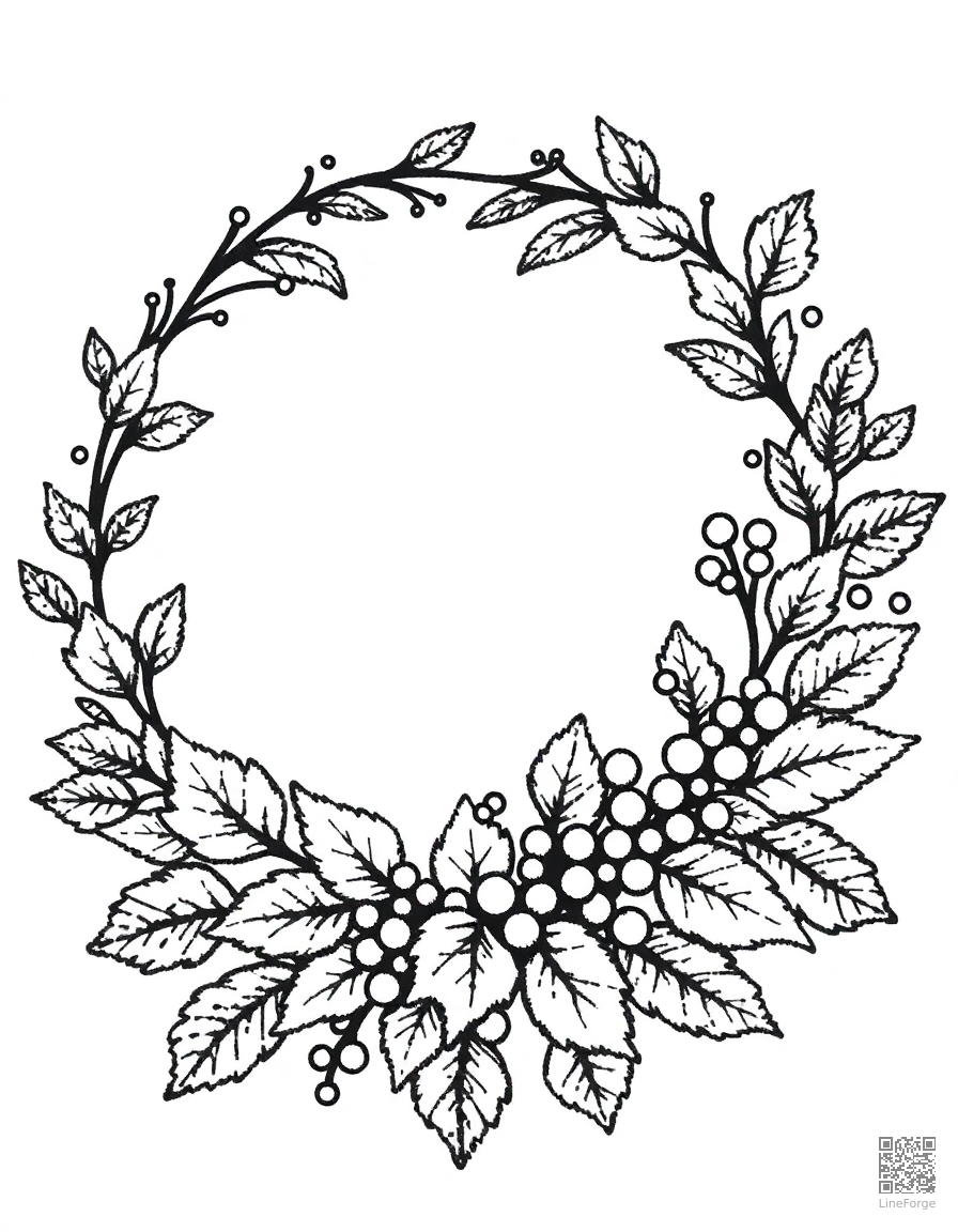 fall wreath made of leaves and berries coloring page Stipple style - free printable