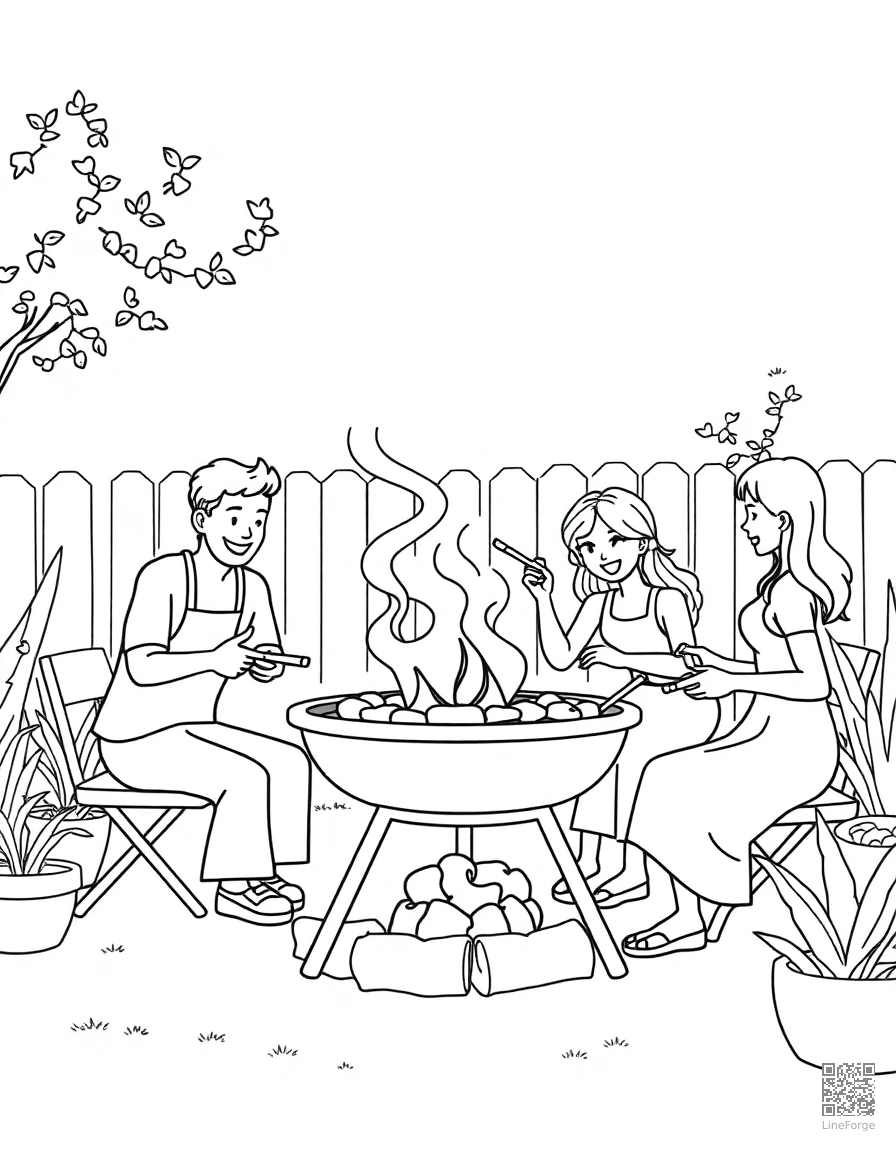 family barbecue in the backyard coloring page Contour style - free printable