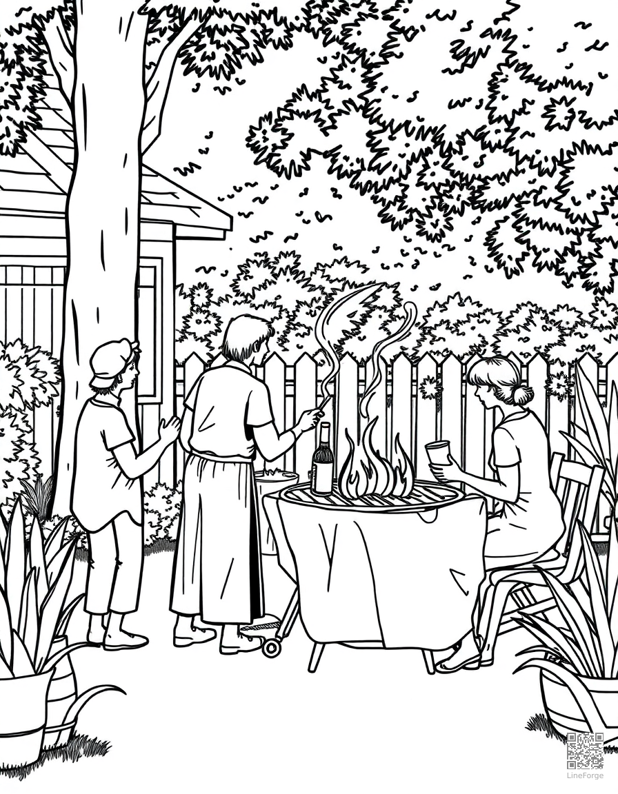 family barbecue in the backyard coloring page Crosshatch style - free printable
