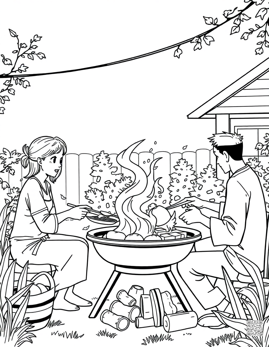 family barbecue in the backyard coloring page Manga style - free printable