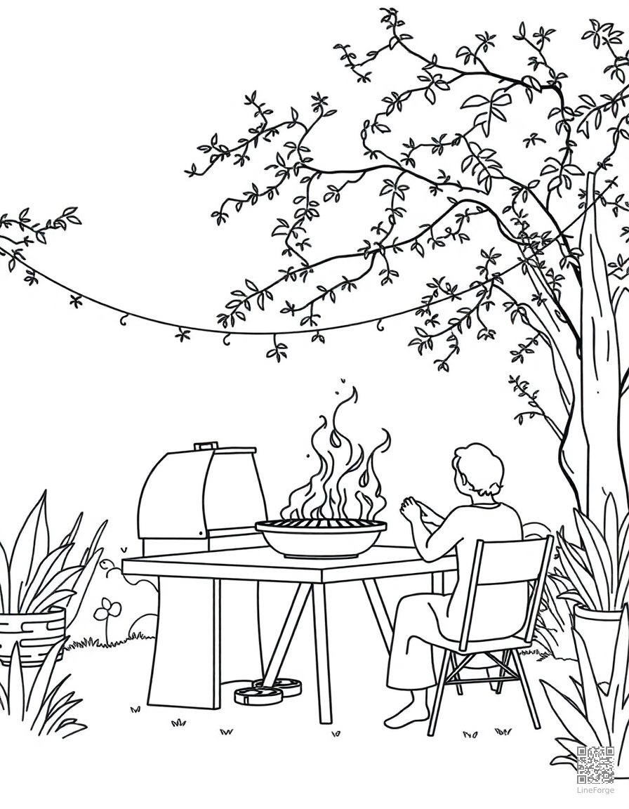family barbecue in the backyard coloring page Minimal style - free printable