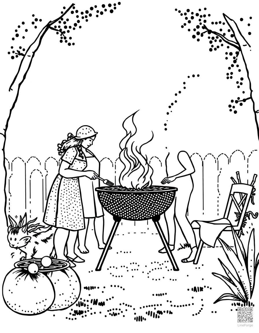 family barbecue in the backyard coloring page Stipple style - free printable