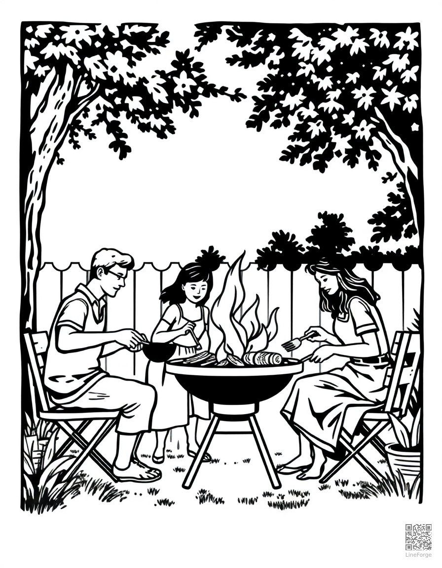 family barbecue in the backyard coloring page Woodcut style - free printable