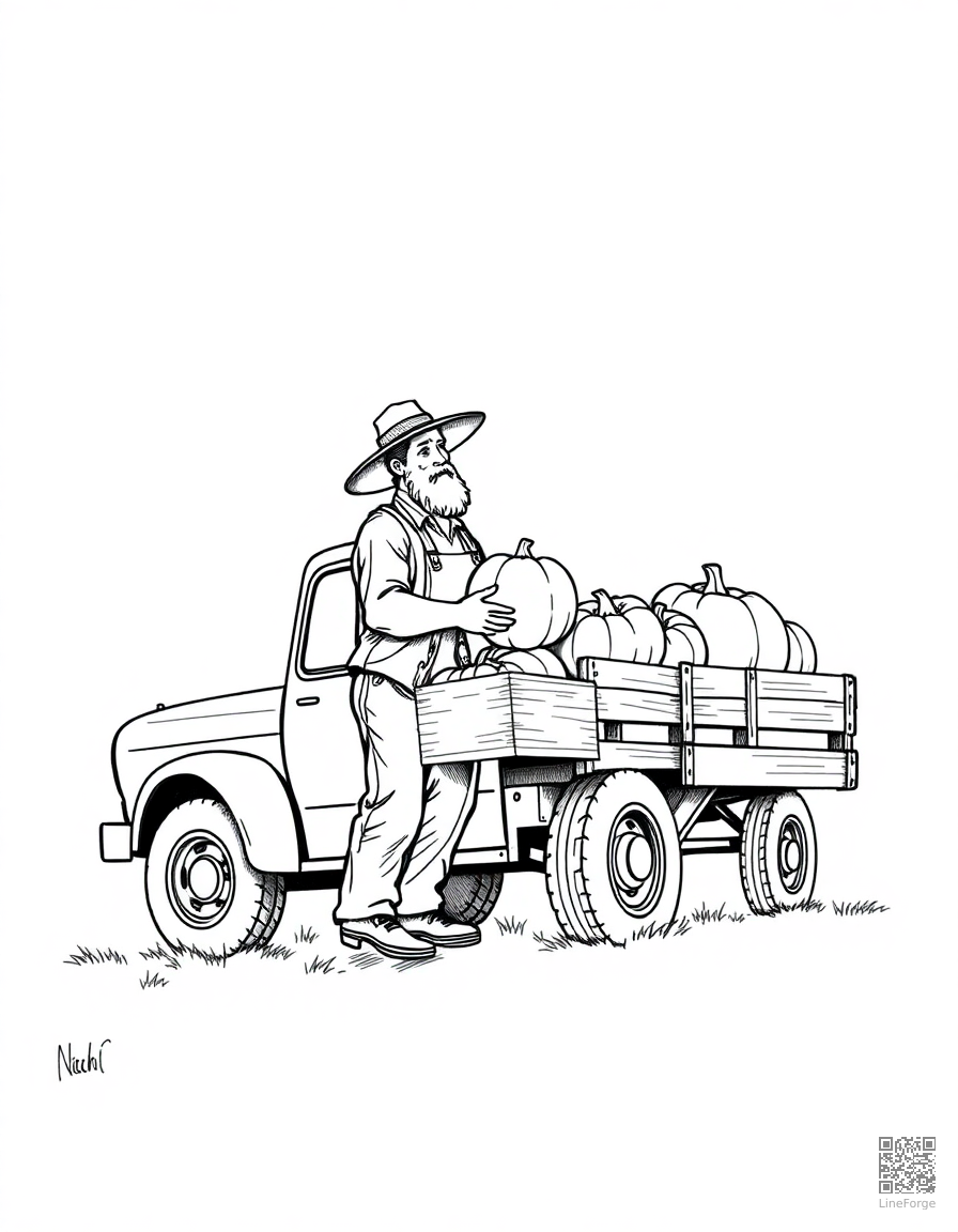 farmer carrying pumpkins to a truck coloring page Crosshatch style - free printable