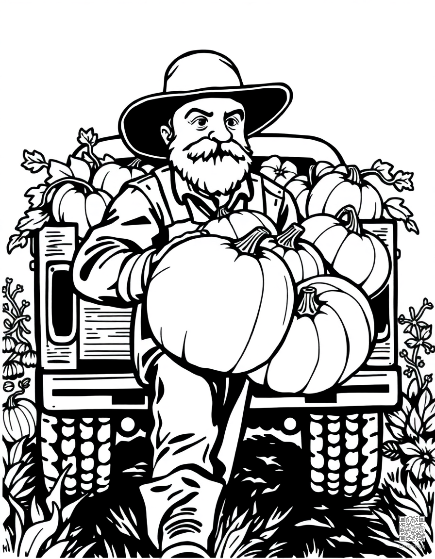 farmer carrying pumpkins to a truck coloring page Woodcut style - free printable