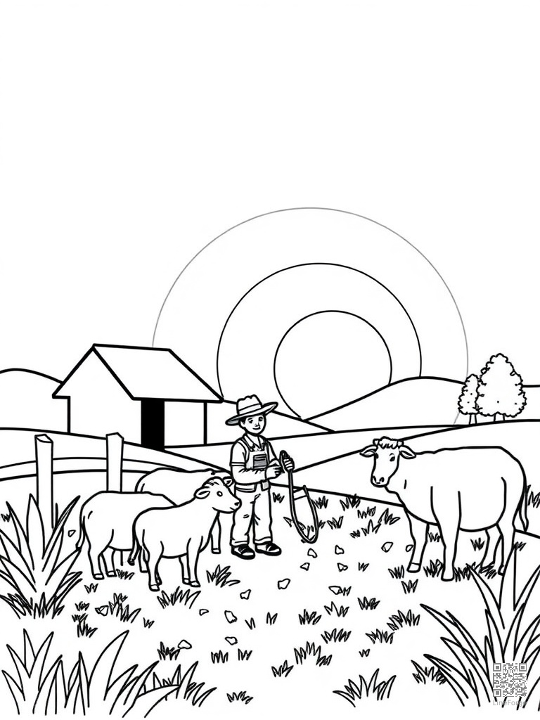 Farmer feeding animals at sunrise coloring page Contour style - free printable