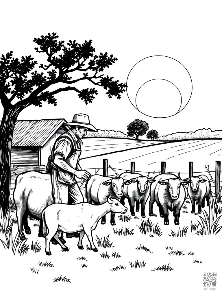 Farmer feeding animals at sunrise coloring page Crosshatch style - free printable