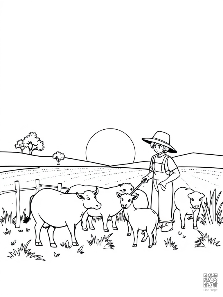 Farmer feeding animals at sunrise coloring page Manga style - free printable