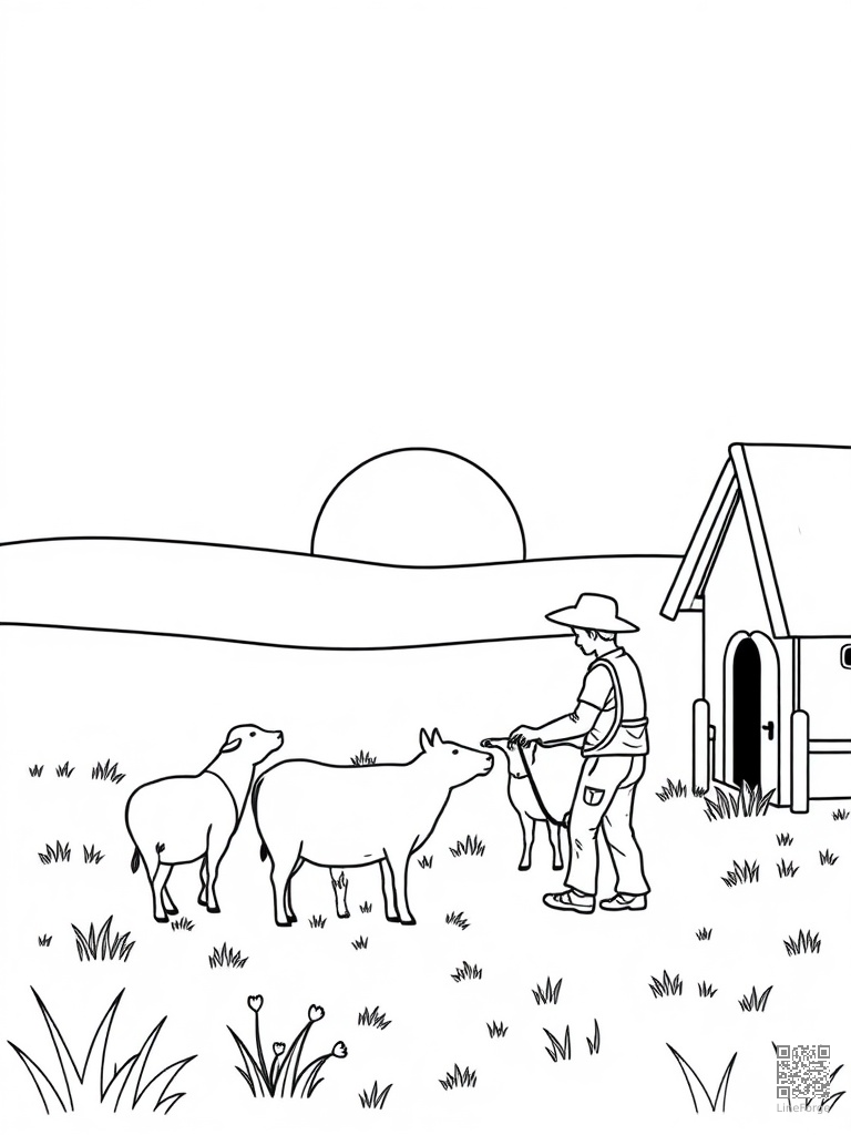 Farmer feeding animals at sunrise coloring page Minimal style - free printable
