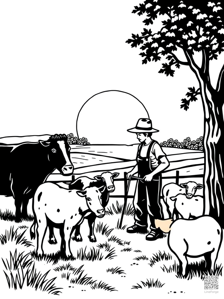 Farmer feeding animals at sunrise coloring page Woodcut style - free printable