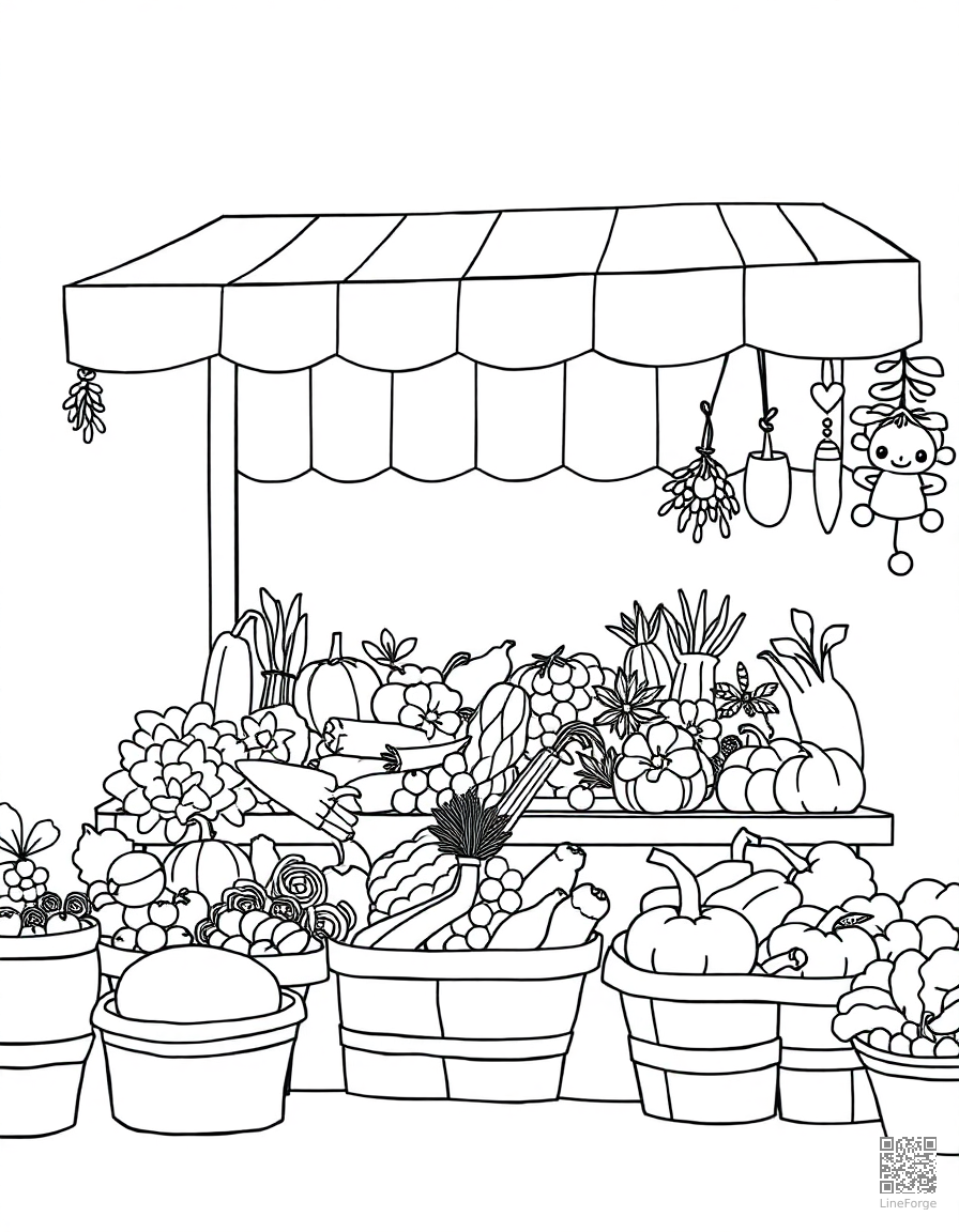 Free farmers market stall with fresh vegetables coloring page in contour style — printable line art
