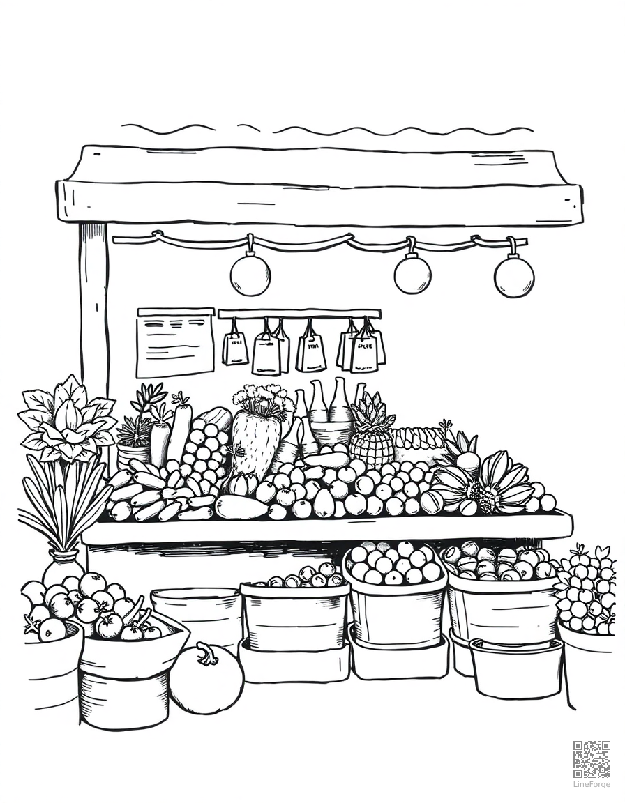 farmers market stall with fresh vegetables coloring page Crosshatch style free printable