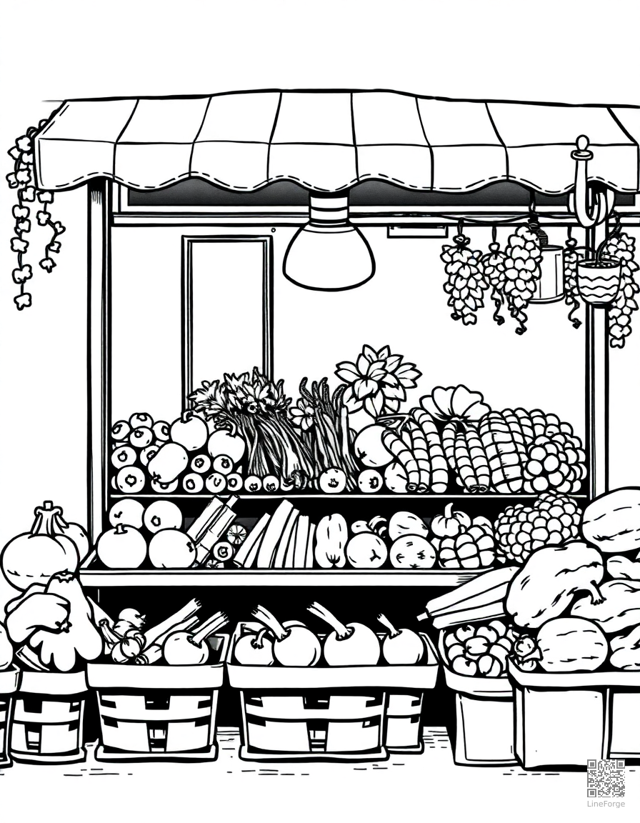 Free farmers market stall with fresh vegetables coloring page in manga style — printable line art