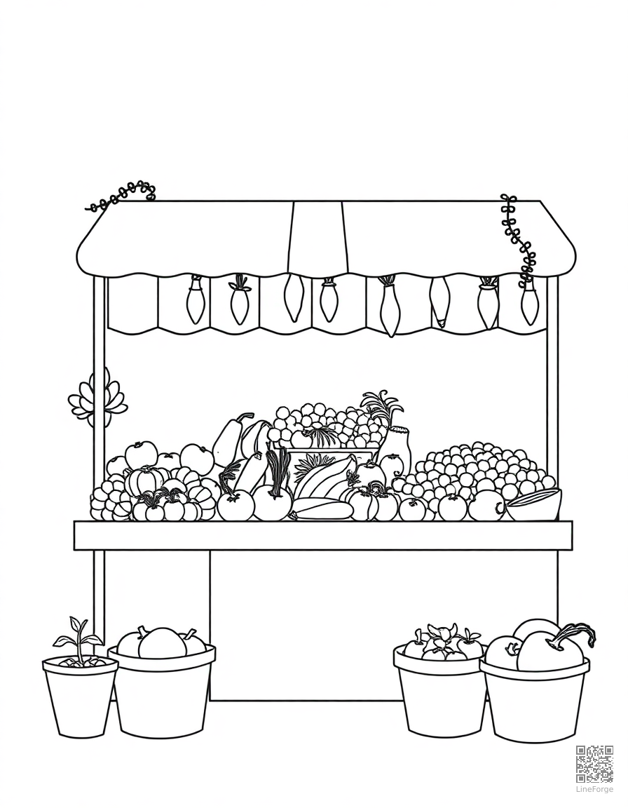 Free farmers market stall with fresh vegetables coloring page in minimal style — printable line art