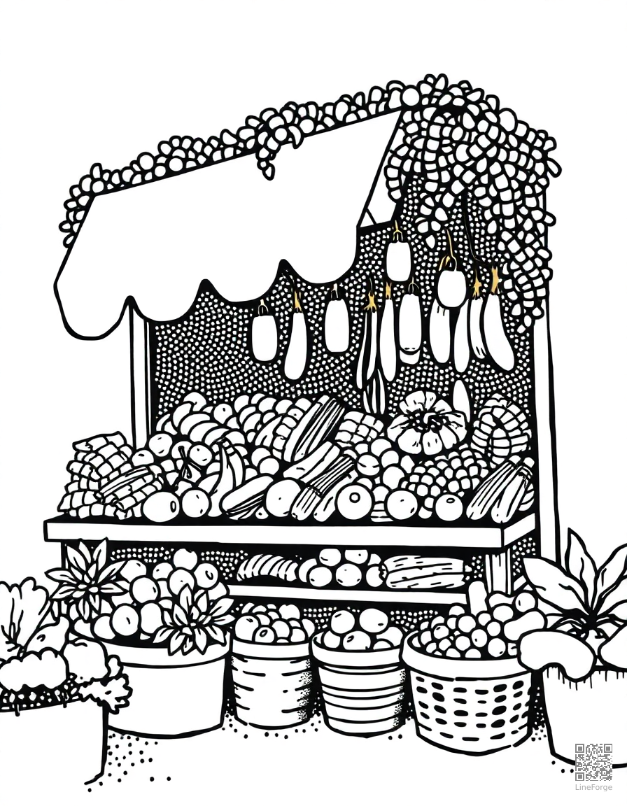 farmers market stall with fresh vegetables coloring page Stipple style free printable