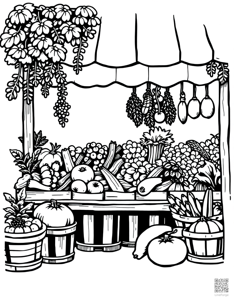 farmers market stall with fresh vegetables coloring page Woodcut style free printable
