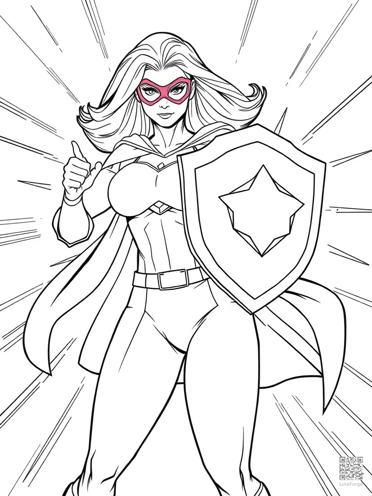 Female superhero with shield deflecting energy blasts coloring page Contour style free printable