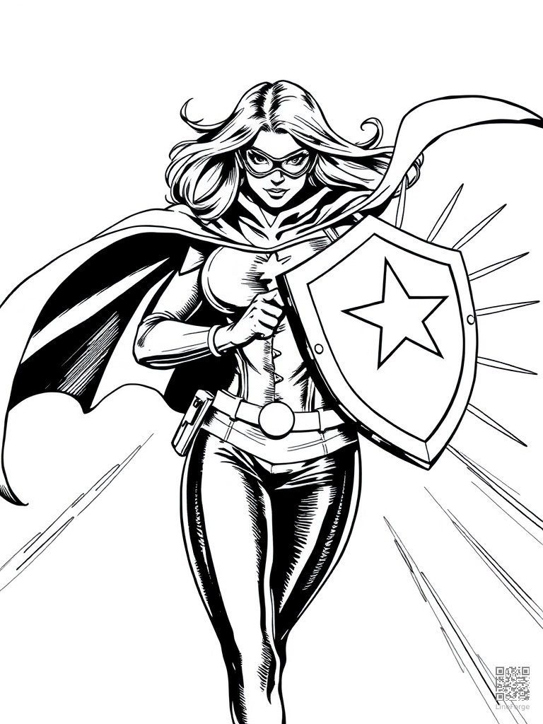 Female superhero with shield deflecting energy blasts coloring page Crosshatch style free printable