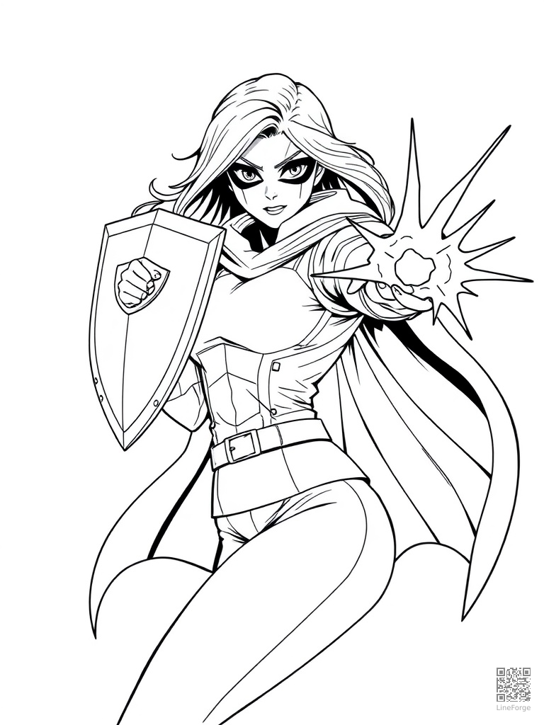 Female superhero with shield deflecting energy blasts coloring page Manga style free printable