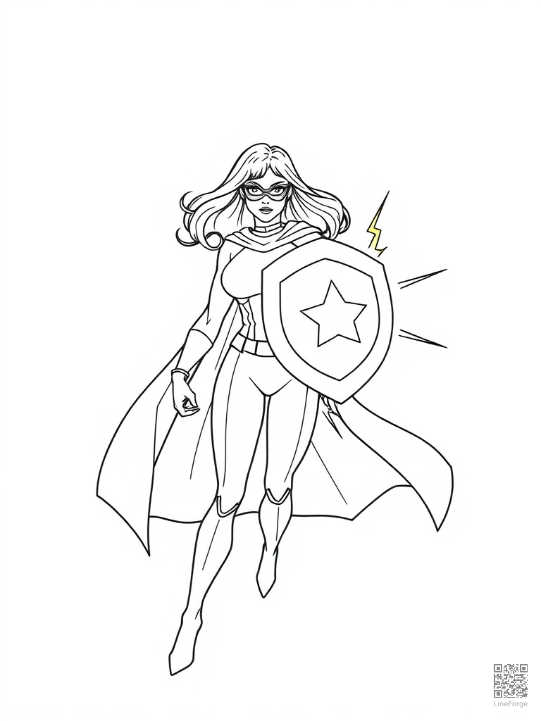 Female superhero with shield deflecting energy blasts coloring page Minimal style free printable