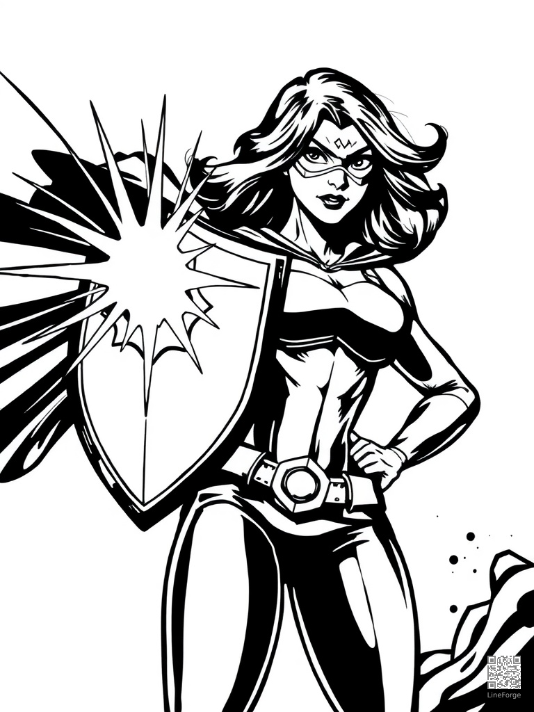Female superhero with shield deflecting energy blasts coloring page Woodcut style free printable
