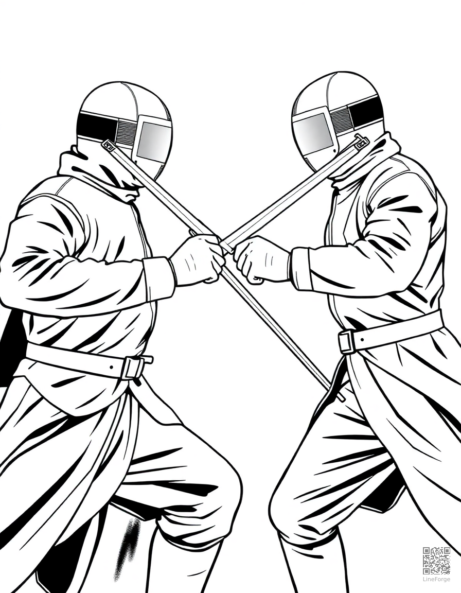 Free fencing duel with crossed swords coloring page in contour style — printable line art