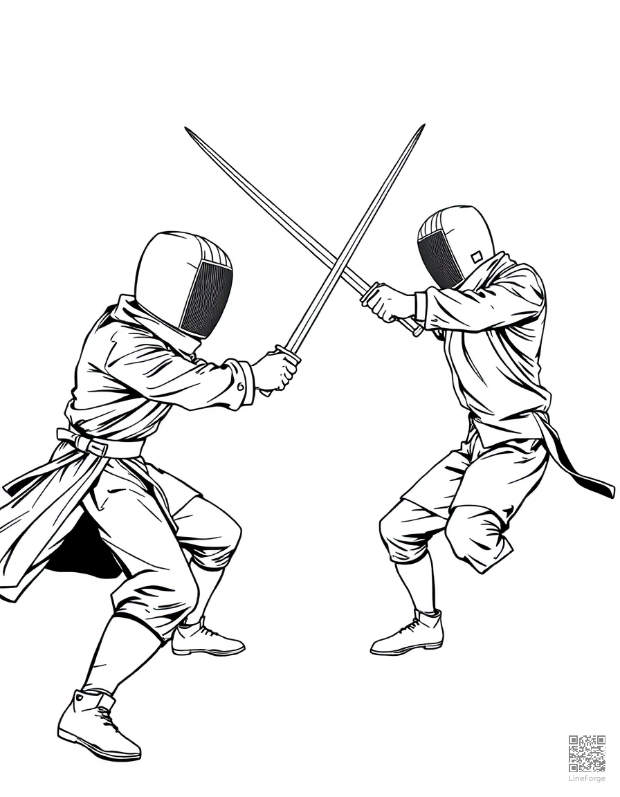 Free fencing duel with crossed swords coloring page in manga style — printable line art