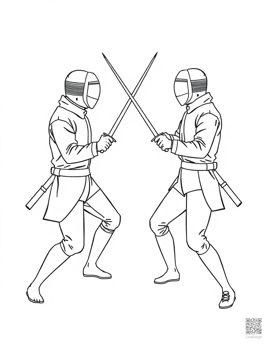 Free fencing duel with crossed swords coloring page in minimal style — printable line art