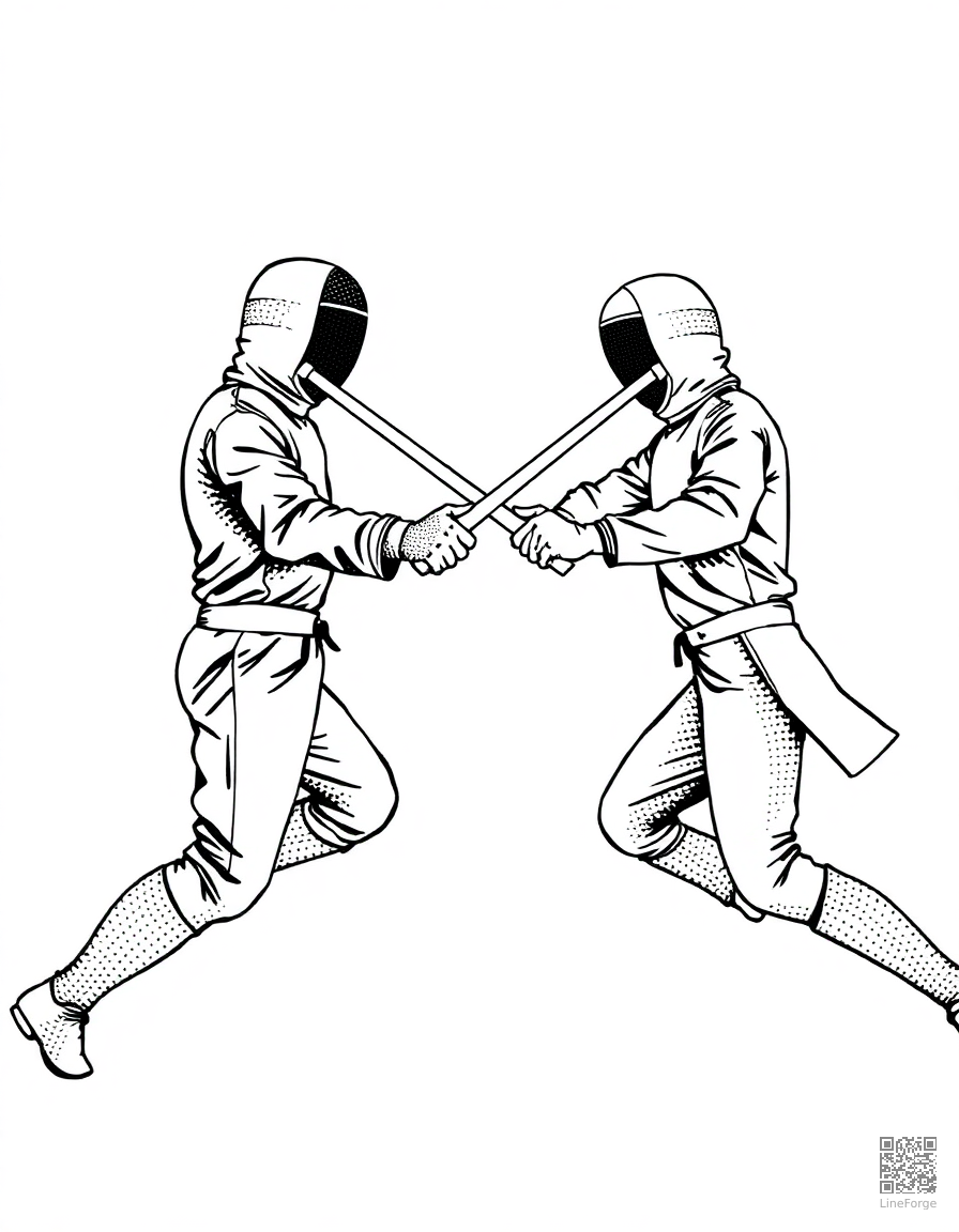 fencing duel with crossed swords coloring page Stipple style free printable