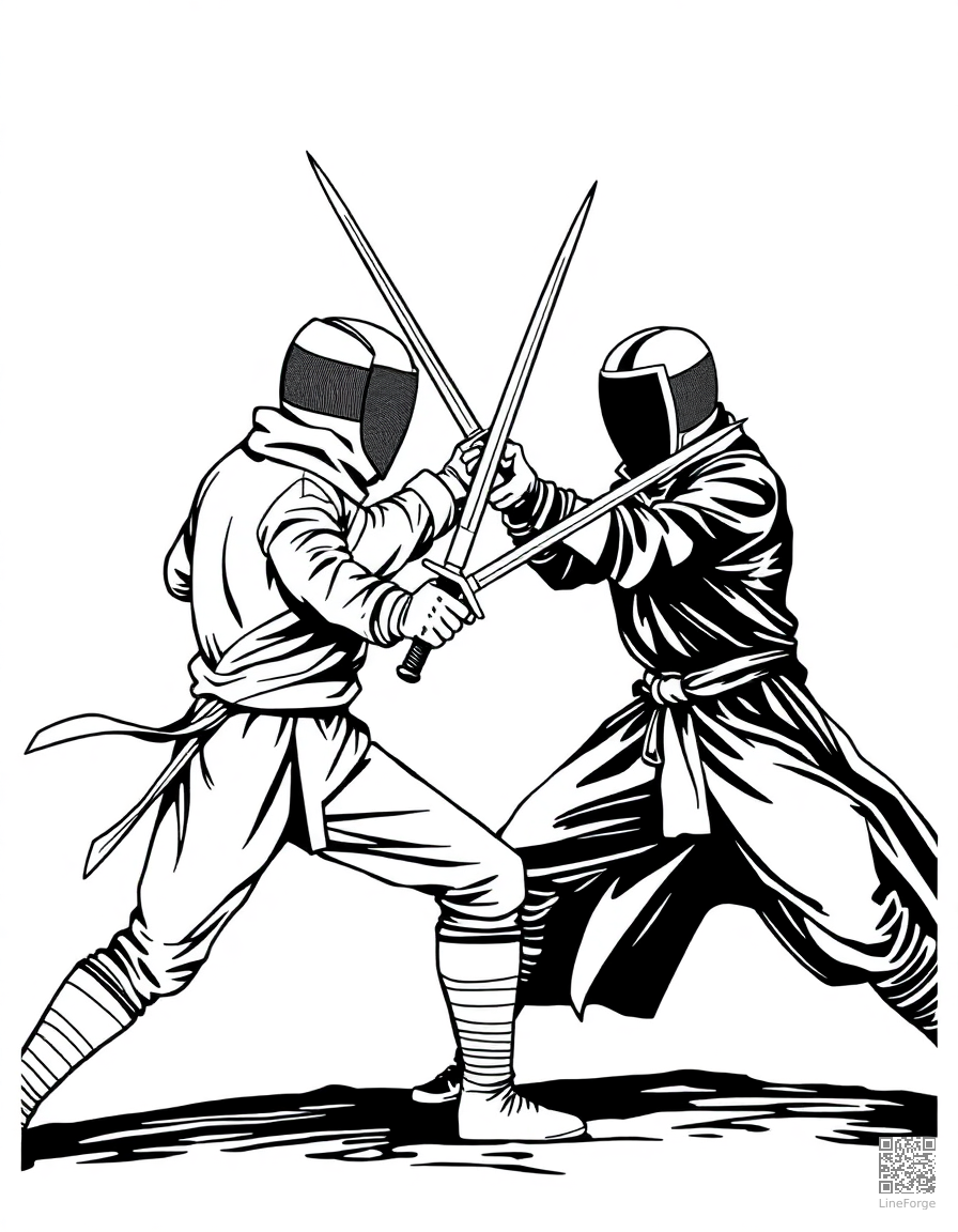fencing duel with crossed swords coloring page Woodcut style free printable