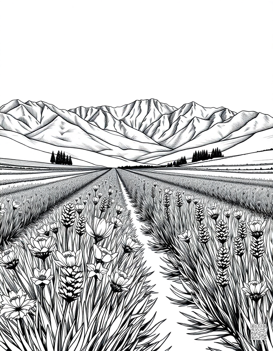 Free field of lavender stretching to mountains coloring page in crosshatch style — printable line art