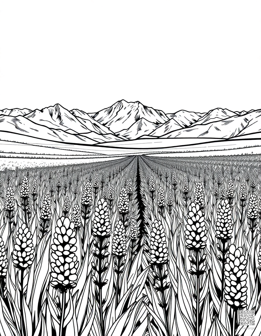 Free field of lavender stretching to mountains coloring page in manga style — printable line art