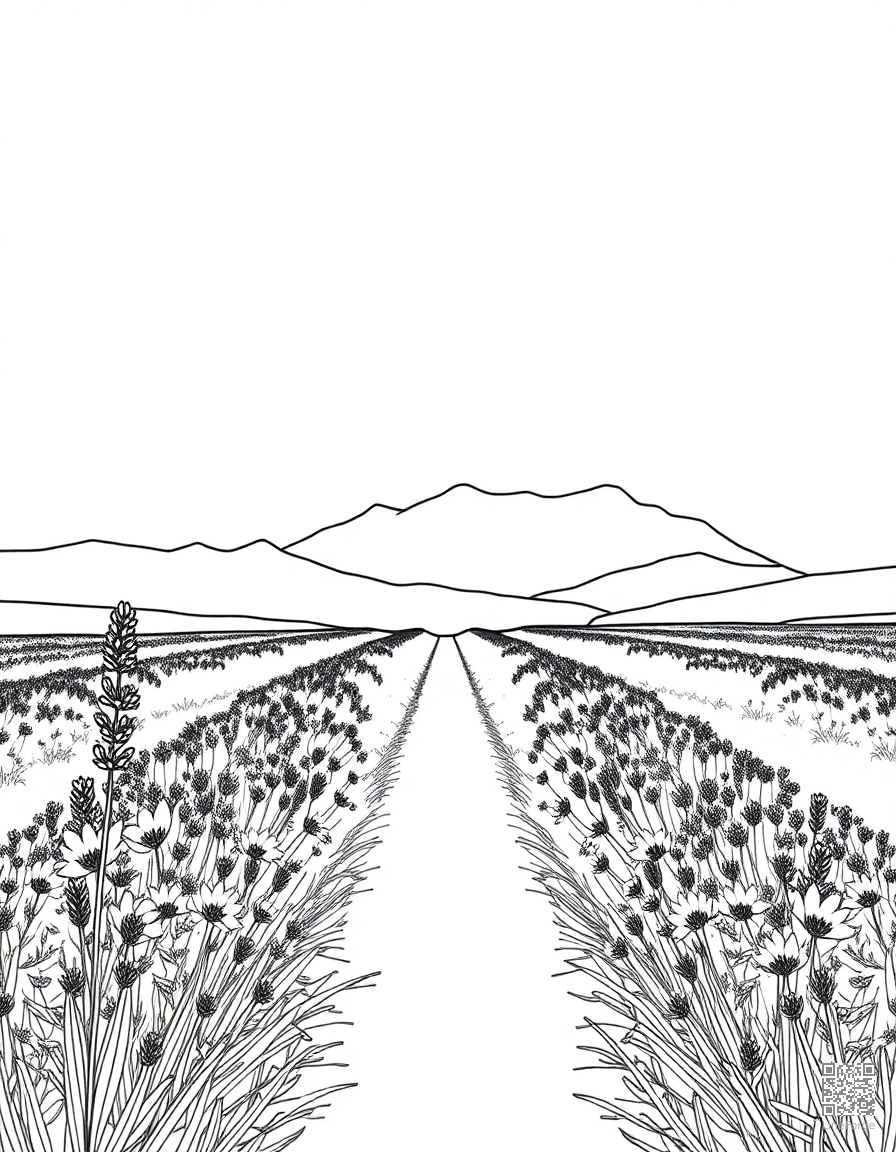 Free field of lavender stretching to mountains coloring page in minimal style — printable line art