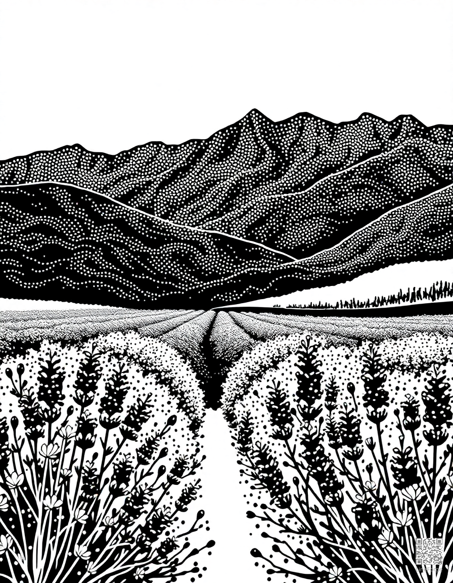 Free field of lavender stretching to mountains coloring page in stipple style — printable line art