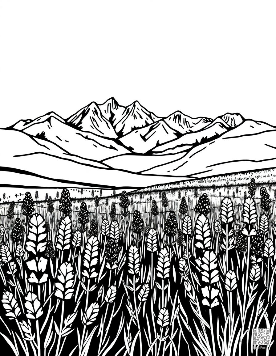 Free field of lavender stretching to mountains coloring page in woodcut style — printable line art