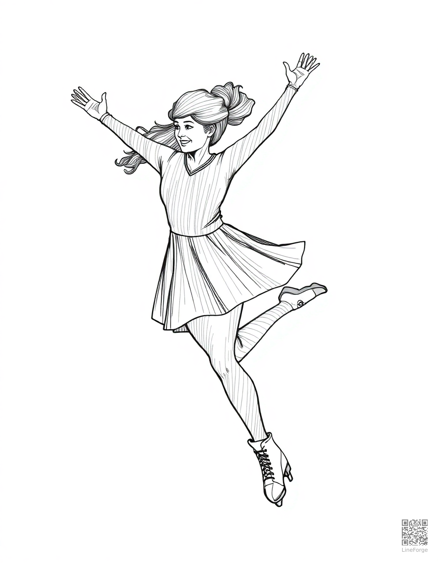 figure skater doing a spin coloring page Crosshatch style - free printable