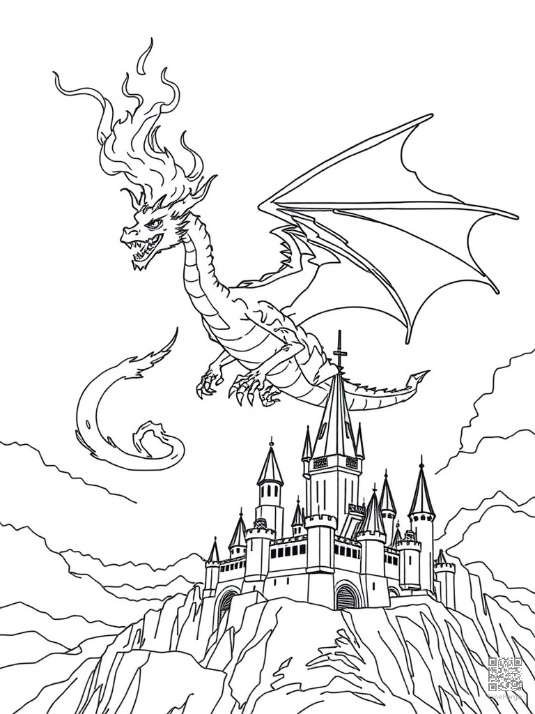 Fire-breathing dragon soaring over a castle coloring page Contour style - free printable