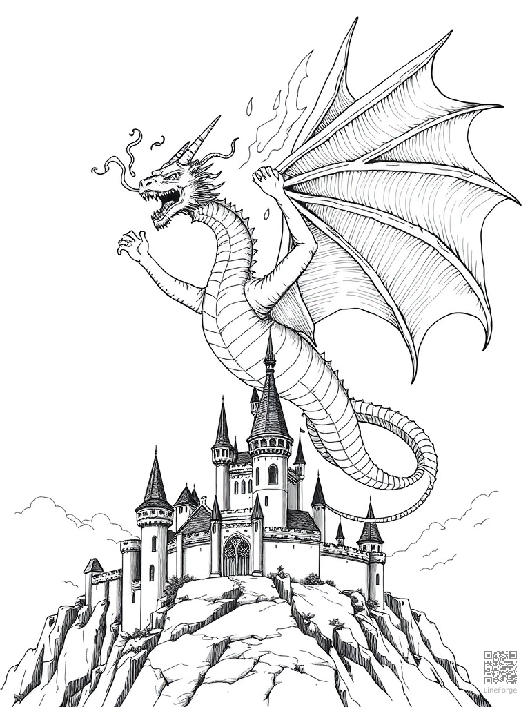 Fire-breathing dragon soaring over a castle coloring page Crosshatch style - free printable