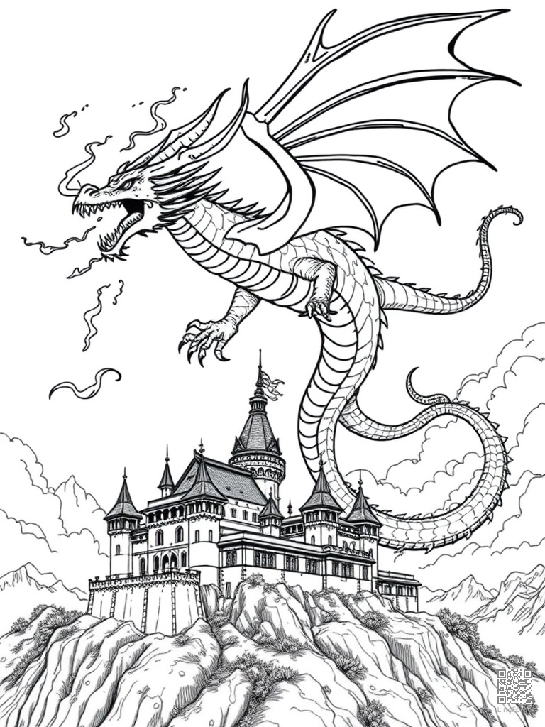 Fire-breathing dragon soaring over a castle coloring page Manga style - free printable