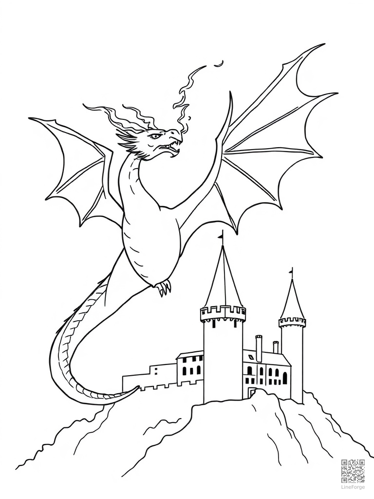 Fire-breathing dragon soaring over a castle coloring page Minimal style - free printable