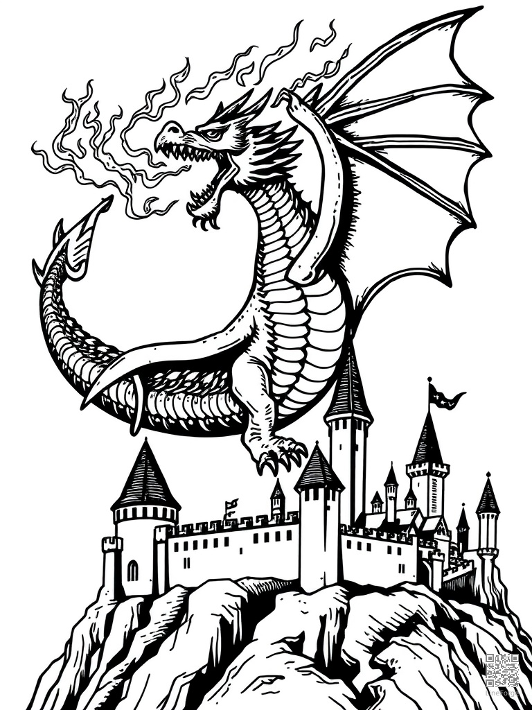 Fire-breathing dragon soaring over a castle coloring page Woodcut style - free printable