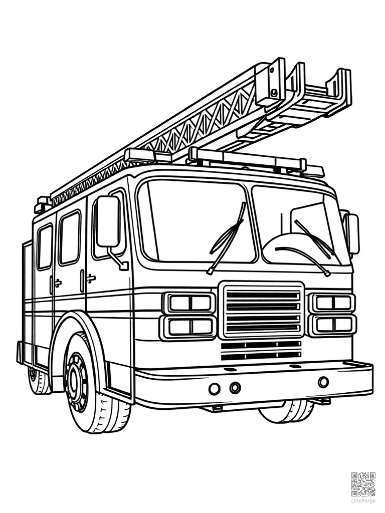 Free fire engine with ladder extended and lights flashing coloring page in contour style — printable line art