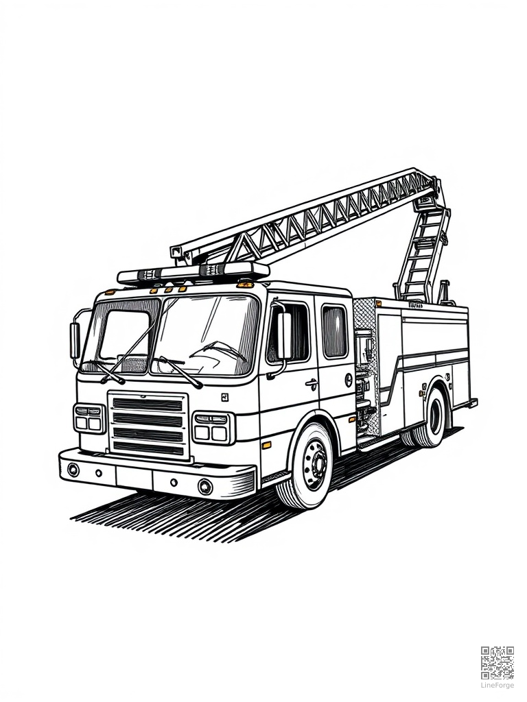 Fire engine with ladder extended and lights flashing coloring page Crosshatch style free printable