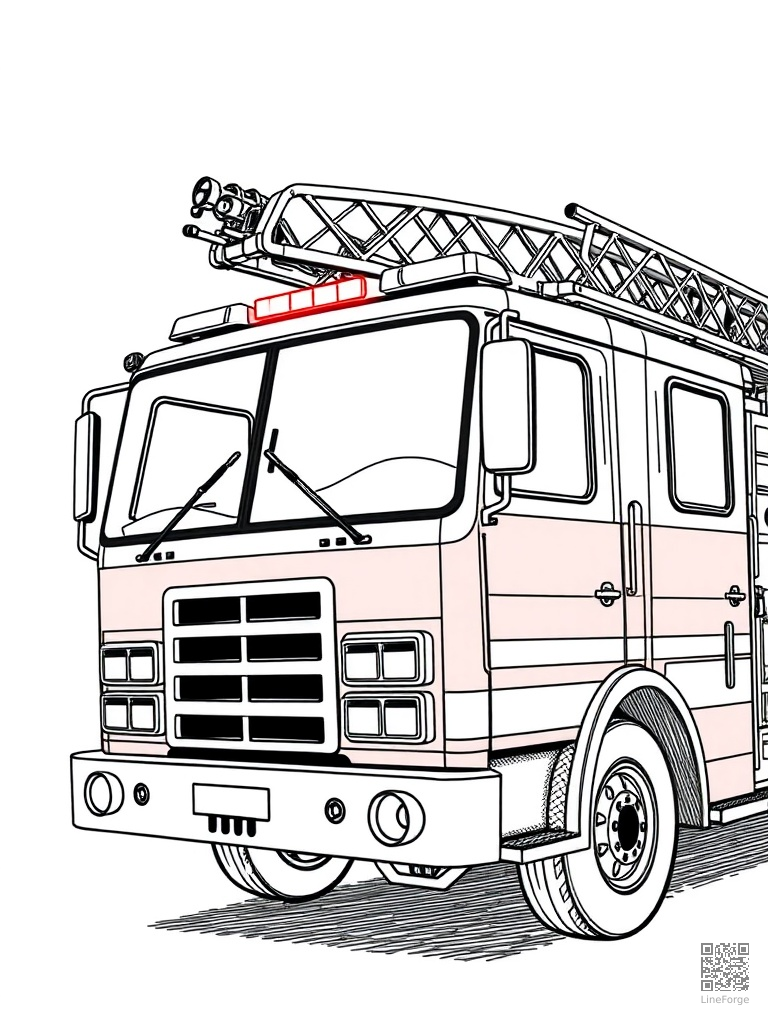 Free fire engine with ladder extended and lights flashing coloring page in manga style — printable line art