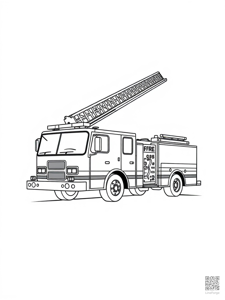 Free fire engine with ladder extended and lights flashing coloring page in minimal style — printable line art
