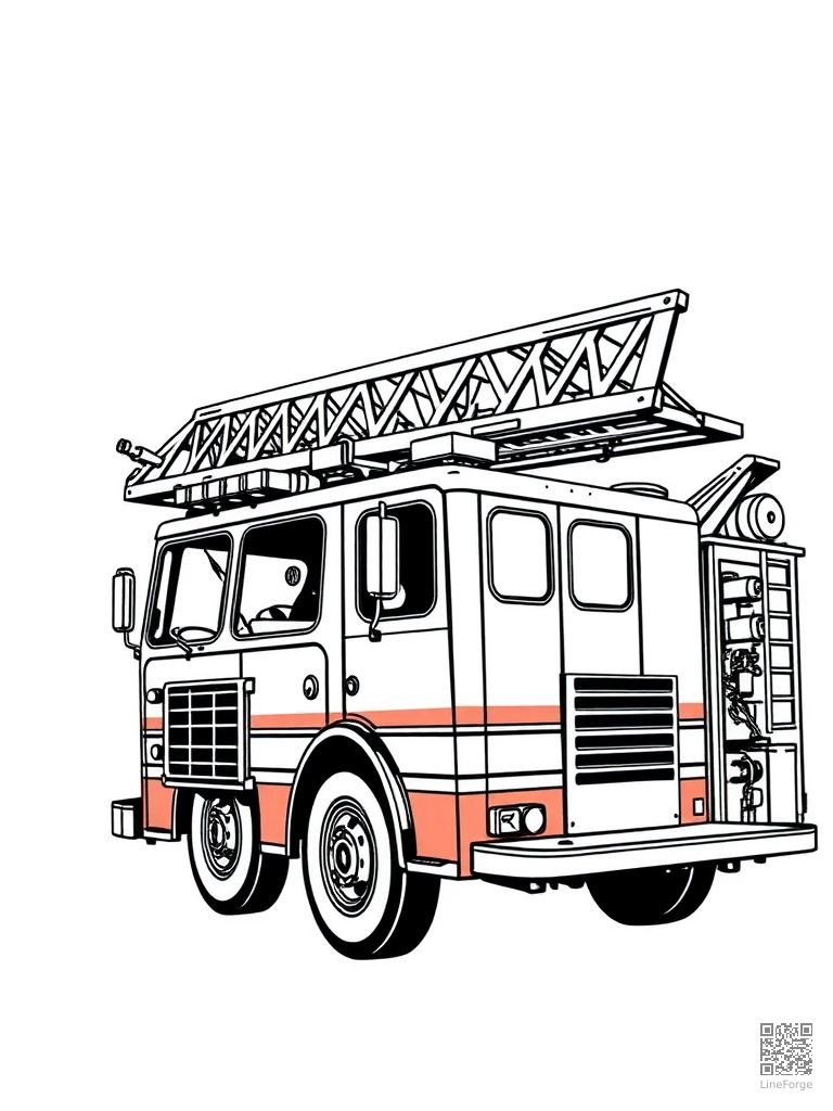 Free fire engine with ladder extended and lights flashing coloring page in woodcut style — printable line art